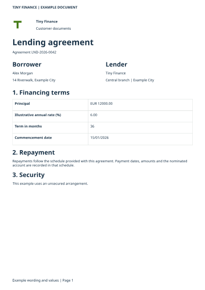 Lending agreement: a page of the example output