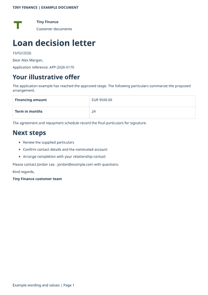 Loan decision letter: a page of the example output